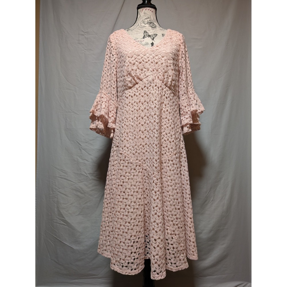 Rabbit Rabbit Rabbit Designs Women's Pink Crochet Lace Lined‎ Midi Dress Size 14